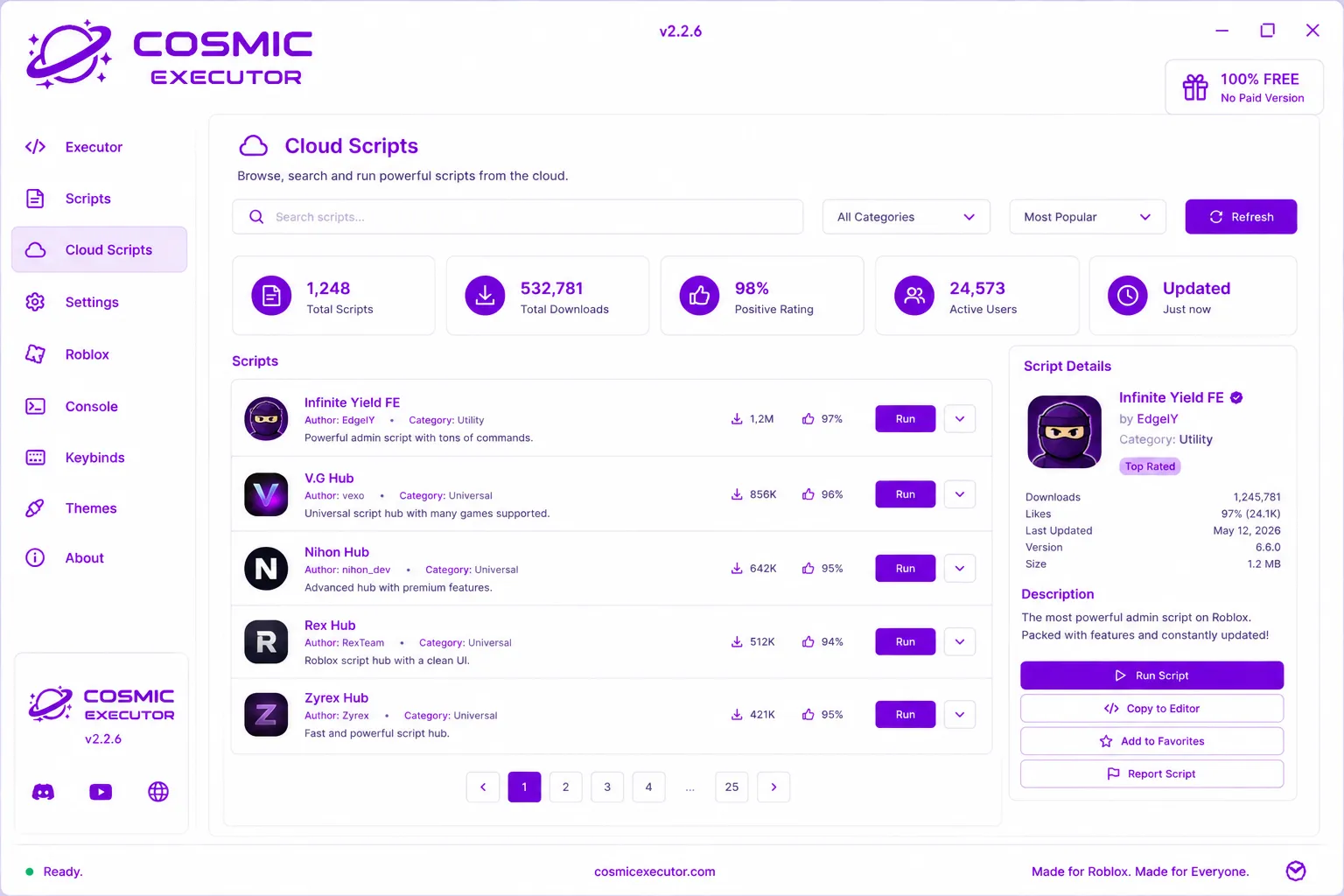 Cosmic Executor Cloud Scripts tab showing popular scripts with download counts, ratings and a details panel