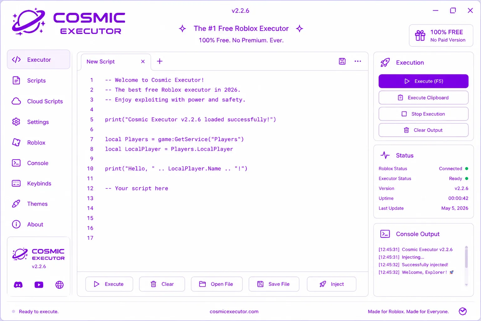 Cosmic Executor main window with the Lua editor, execute panel and console output