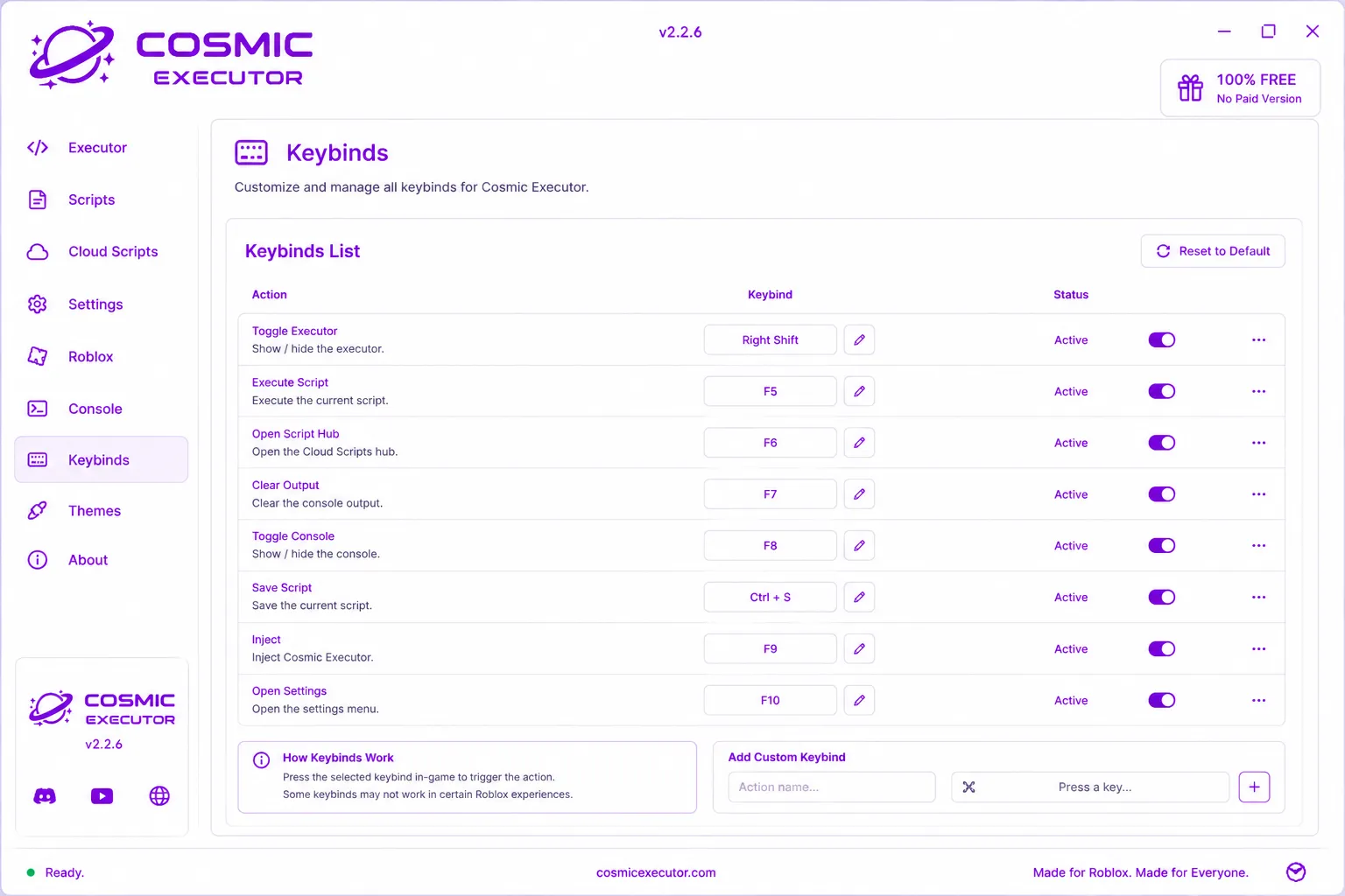 Cosmic Executor Keybinds screen with remappable actions like execute, inject and toggle