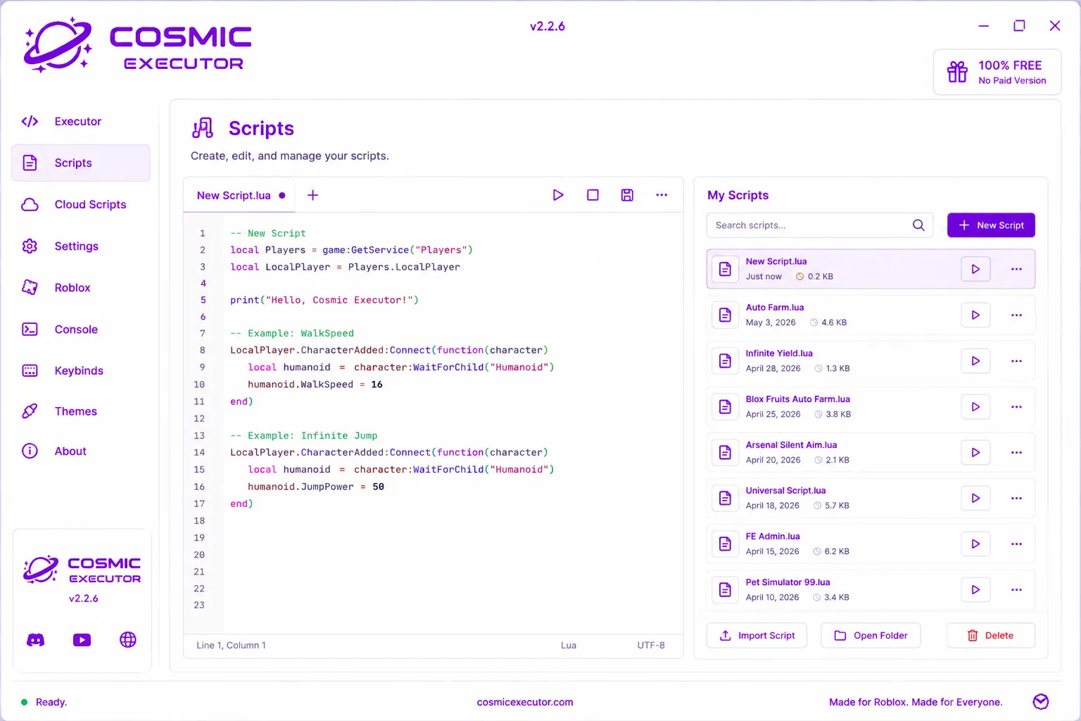 Cosmic Executor Scripts tab with a highlighted Lua editor and a saved-scripts list