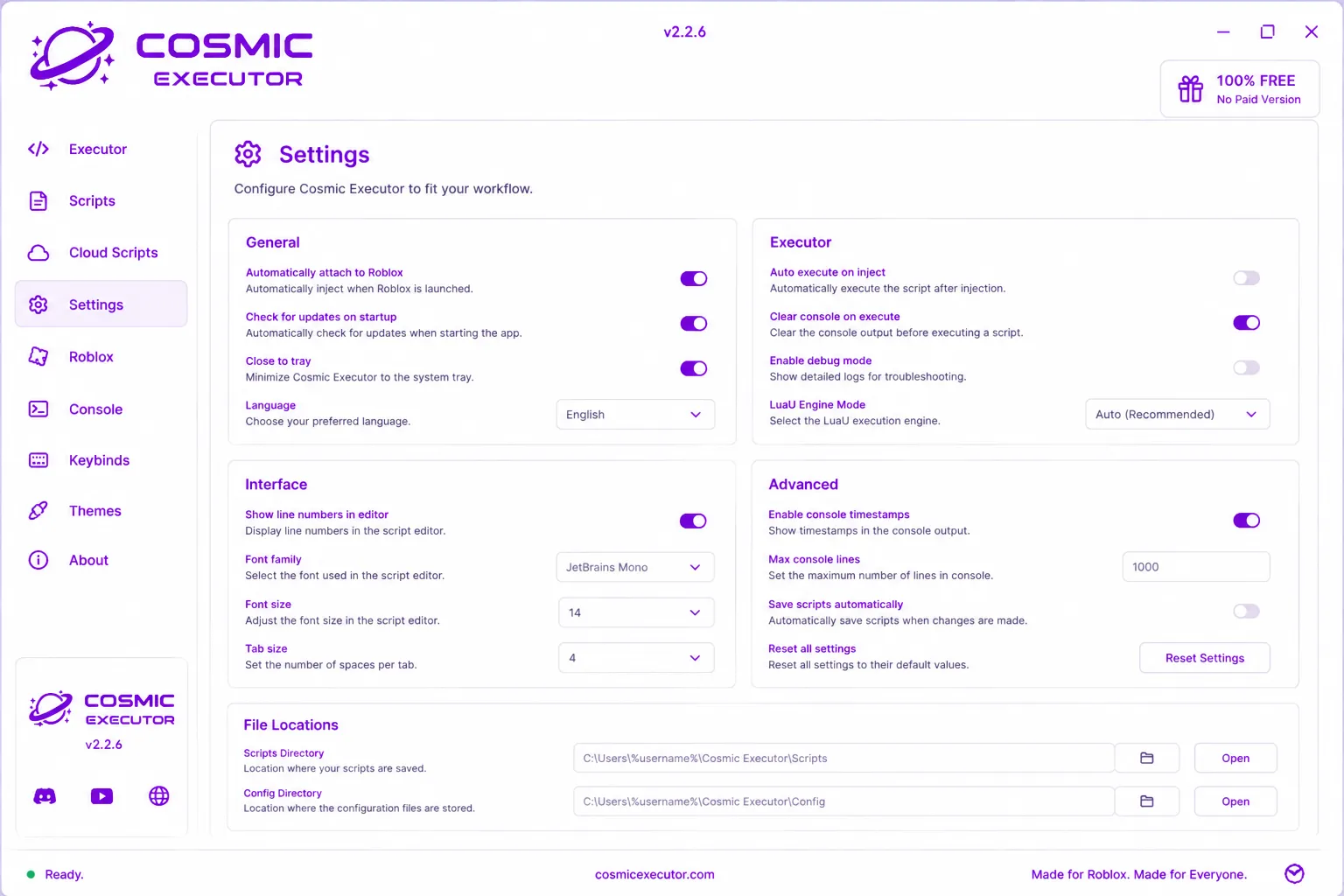 Cosmic Executor Settings with general, executor, interface and advanced options