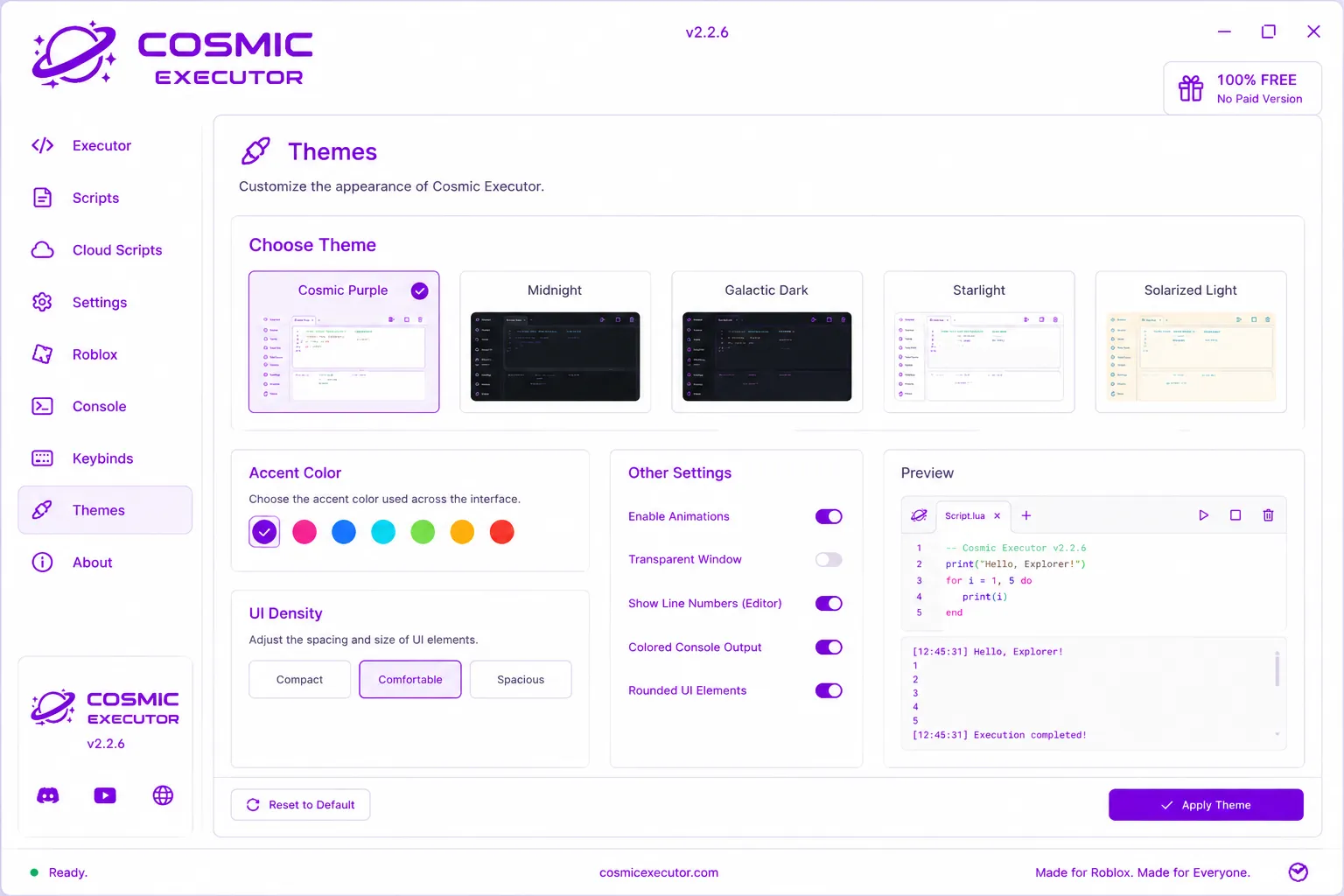 Cosmic Executor Themes screen with Cosmic Purple, Midnight and Galactic Dark and accent colours